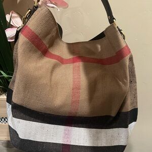 Burberry Cream and Black Striped Canvas Handbag